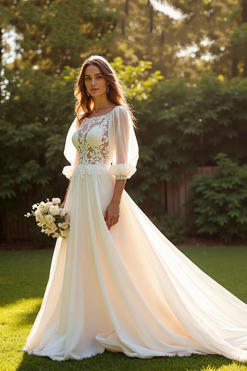 Bateau Chiffon A Line Ivory Wedding Dress with Lace Appliques